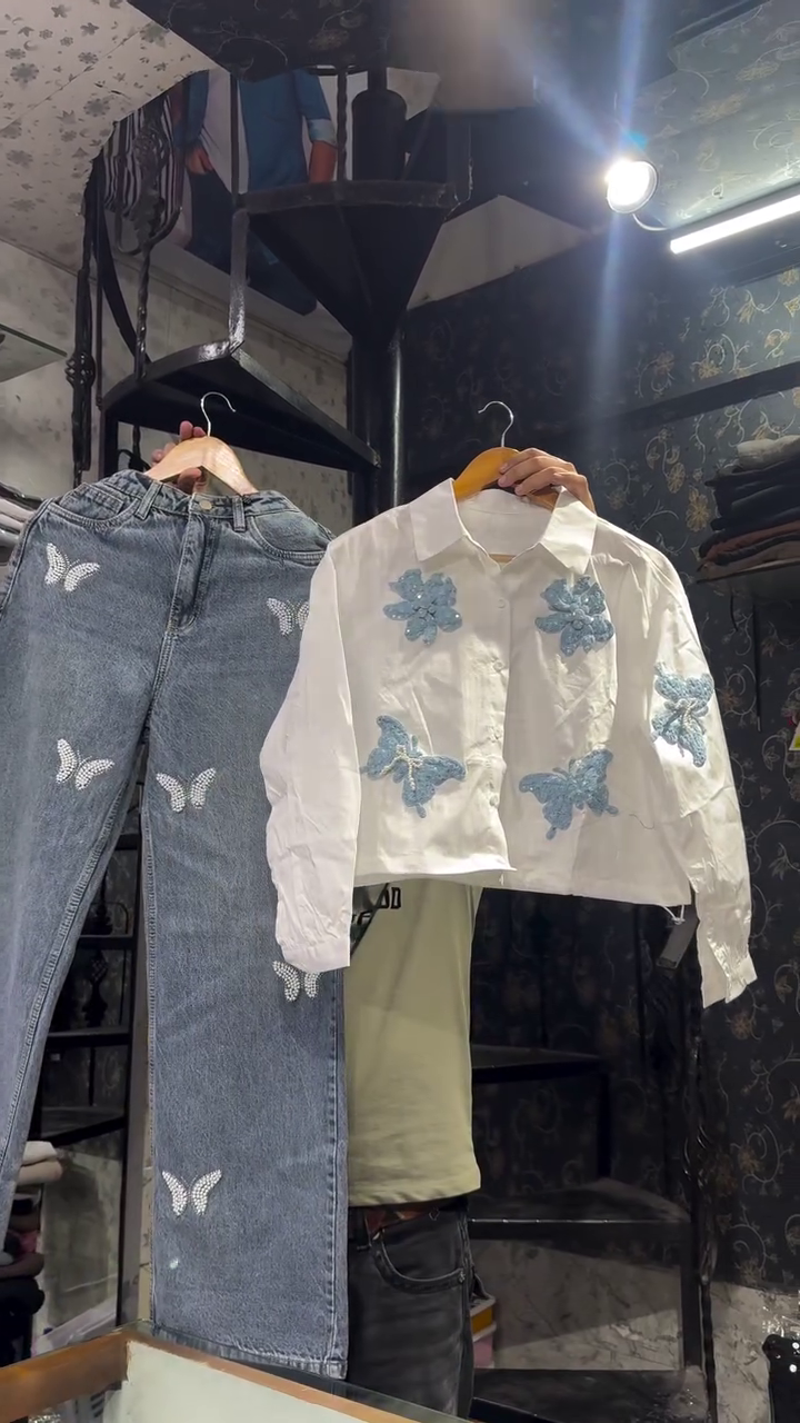 🦋 Butterfly Chic Denim & Crop Shirt Combo Set 🦋