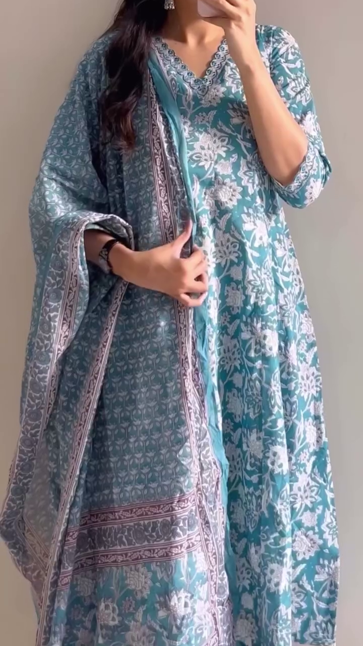 Women’s Floral Printed Kurta Pant Set with Dupatta | Elegant Aqua Blue Ethnic Suit Set for Women | Summer Casual & Office Wear Outfit